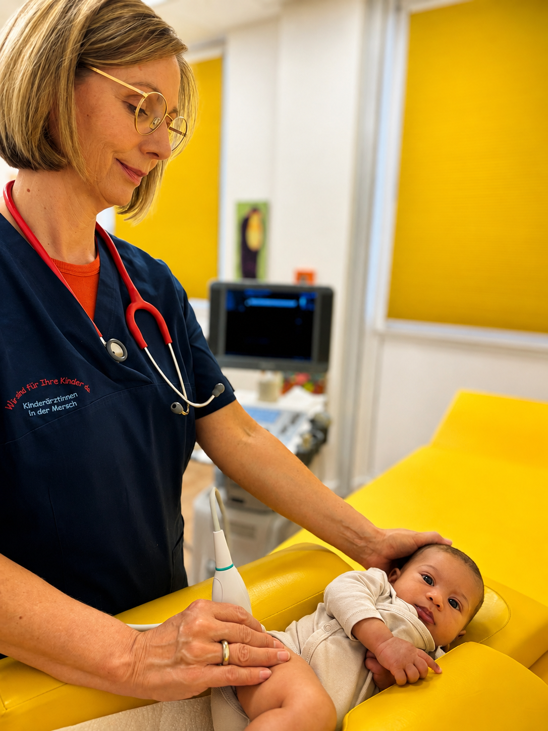 Ultraschalluntersuchung bei einem Säugling durch eine Kinderärztin